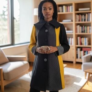 Spanner Vintage Style Wool Stylish Black and Yellow Women's Coat